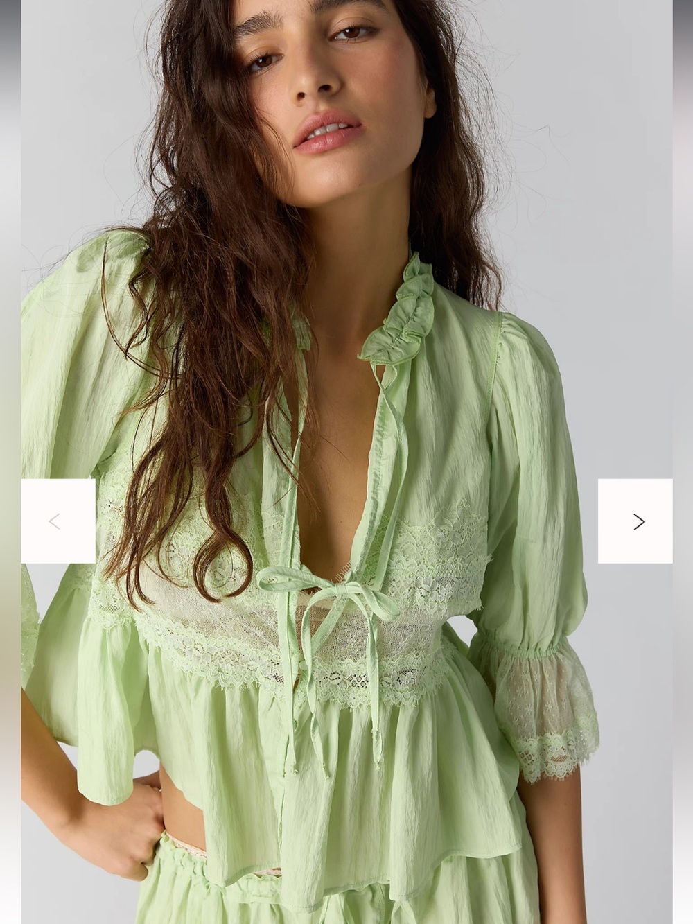 Free People Pale Green Ruffle Lace Tie Blouse